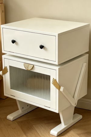 White Nightstand with LED Light Strips Rotating Drawer